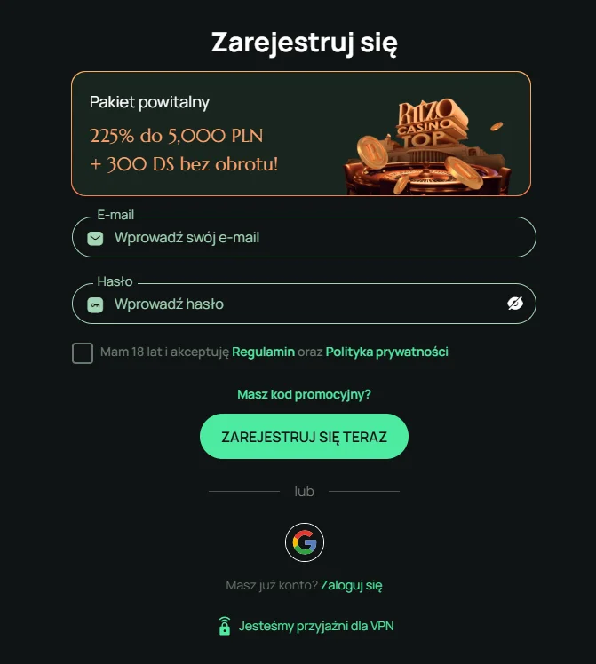 Ritzo Casino - formularz rejestracyjny