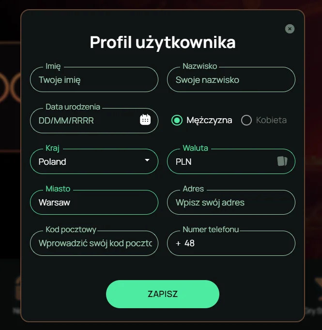 Ritzo Casino - formularz uzupełnienia danuch użytkownika